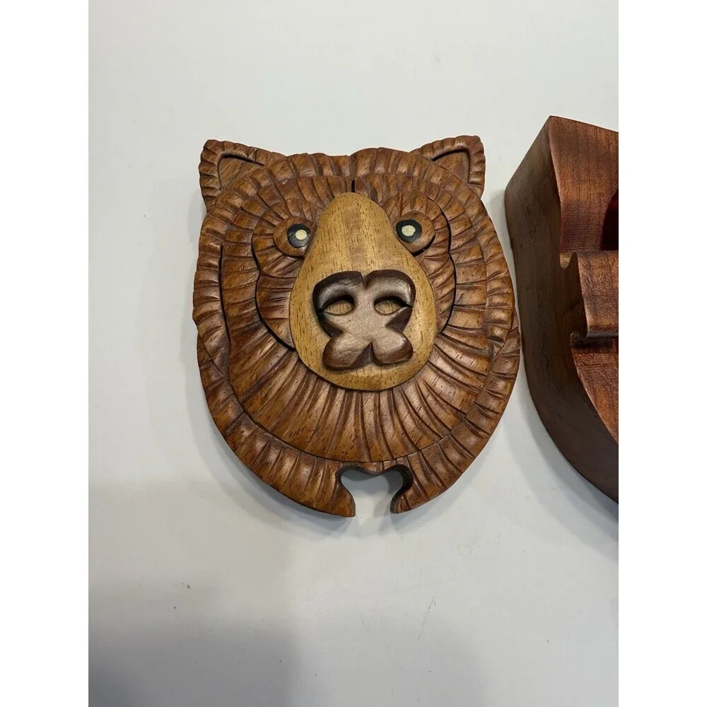 Vintage Handcrafted Wood Bear Jewelry Keepsake Trinket Box Hand Crafted